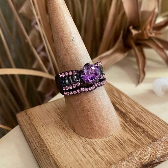 Amethyst CZ Ring-Brown Stainless Steel Multi-Band Design - Picture 5 of 7